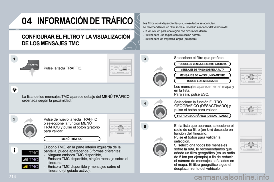 Peugeot 308 CC 2009  Manual del propietario (in Spanish) 214
�0�4
�1
�2
�5
�4
�3
INFORMACIÓN DE TRÁFICO 
CONFIGURAR EL FILTRO Y LA VISUALIZACIÓN 
DE LOS MENSAJES TMC
 En la lista que aparece, seleccione el �r�a�d�i�o� �d�e� �s�u� �ﬁ� �l�t�r�o� �(�e�n� 