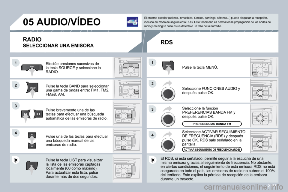 Peugeot 308 CC 2009  Manual del propietario (in Spanish) 259
MENU
ESC
MENU LIST
ESC
MENU LIST
ESC
MENU LIST
�0�5
�1�1
�2�2
�3�3
�4�4
�2�2
�4�4
�3�3
�1�1
� � � � � �A�U�D�I�O�/�V�Í�D�E�O� 
� �R�A�D�I�O� 
� �S�E�L�E�C�C�I�O�N�A�R� �U�N�A� �E�M�I�S�O�R�A� 
� 