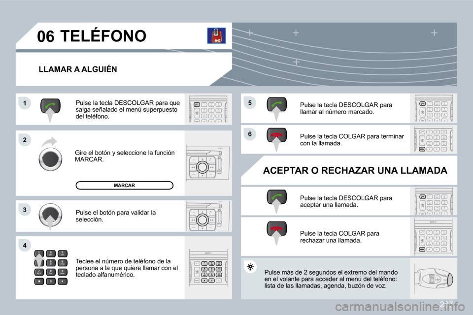 Peugeot 308 CC 2009  Manual del propietario (in Spanish) 267
ESC
MENU LIST
ESC
MENU LIST
�0�6
�1�1
�2�2
�3�3
�4�4
�6�6
�5�5
 �T�E�L�É�F�O�N�O 
� � �L�L�A�M�A�R� �A� �A�L�G�U�I�É�N� 
� �G�i�r�e� �e�l� �b�o�t�ó�n� �y� �s�e�l�e�c�c�i�o�n�e� �l�a� �f�u�n�c�i