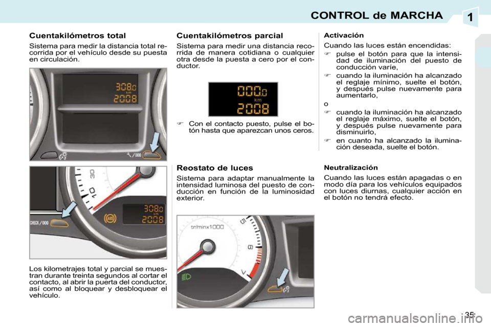 Peugeot 308 CC 2009  Manual del propietario (in Spanish) 1
35
CONTROL de MARCHA
  Cuentakilómetros total  
 Sistema para medir la distancia total re- 
corrida por el vehículo desde su puesta 
en circulación.   Reostato de luces  
 Sistema  para  adaptar 