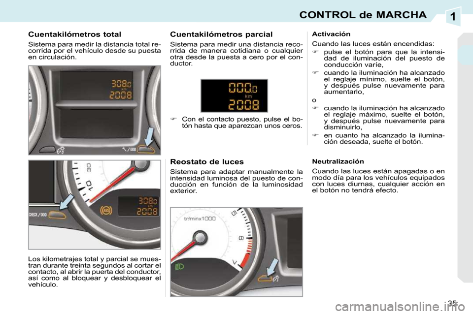 Peugeot 308 CC 2009 Manual del propietario (in Spanish) 1
35
CONTROL de MARCHA
Cuentakilómetros total
Sistema para medir la distancia total re-
corrida por el vehículo desde su puesta
en circulación. Reostato de luces
Sistema para adaptar Peugeot 308 CC 2009 Manual del propietario (in Spanish) 1
35
CONTROL de MARCHA
Cuentakilómetros total
Sistema para medir la distancia total re-
corrida por el vehículo desde su puesta
en circulación. Reostato de luces
Sistema para adaptar