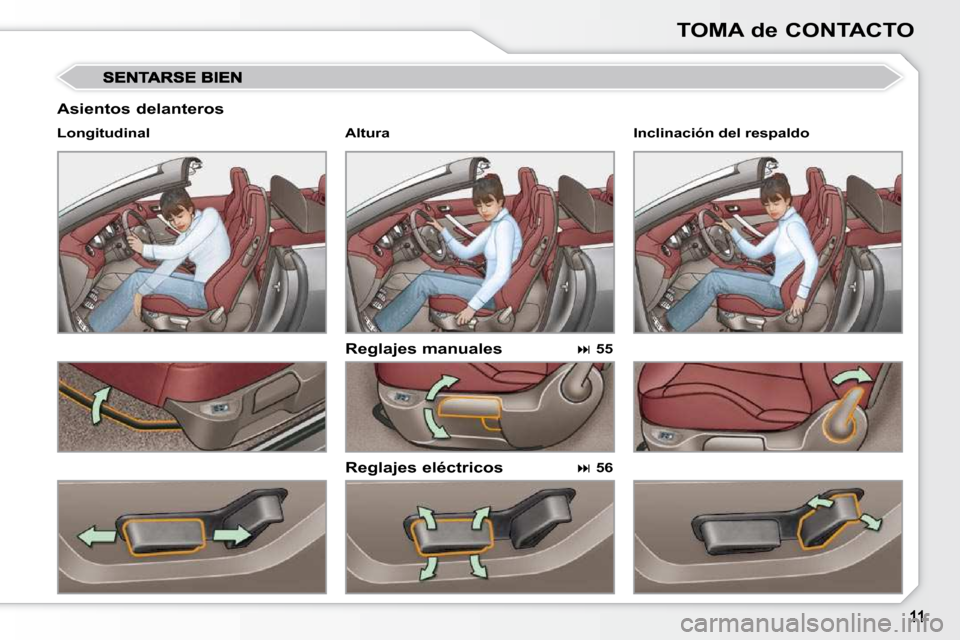 Peugeot 308 CC 2009  Manual del propietario (in Spanish) TOMA de CONTACTO
  Asientos delanteros 
  Reglajes manuales  
� � �R�e�g�l�a�j�e�s� �e�l�é�c�t�r�i�c�o�s� 
  Longitudinal  
  
 
�   55    
  
 
�   56     Inclinación del respaldo   
  Altura