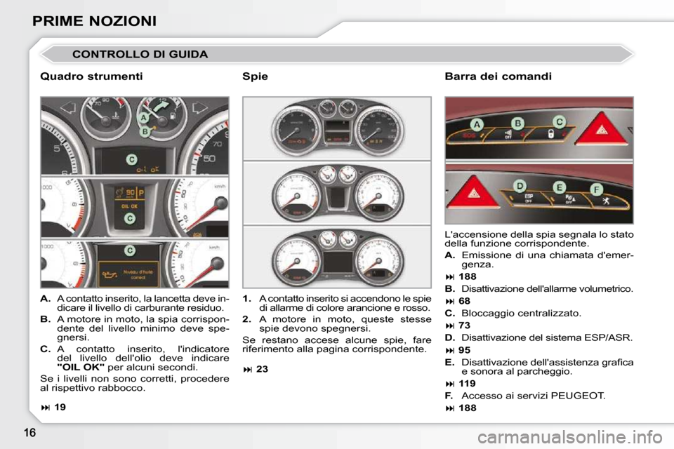 Peugeot 308 CC 2009  Manuale del proprietario (in Italian) PRIME NOZIONI
 CONTROLLO DI GUIDA 
  Quadro strumenti   Barra dei comandi 
   
A.    A contatto inserito, la lancetta deve in-
dicare il livello di carburante residuo. 
  
B.    A motore in moto, la s