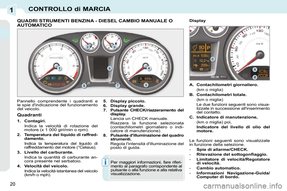 Peugeot 308 CC 2009  Manuale del proprietario (in Italian) 1
i
20
CONTROLLO di MARCIA
             QUADRI STRUMENTI BENZINA - DIESEL CAMBIO MANUALE O AUTOMATICO
  Pannello  comprendente  i  quadranti  e  
le spie dindicazione del funzionamento 
del veicolo. 