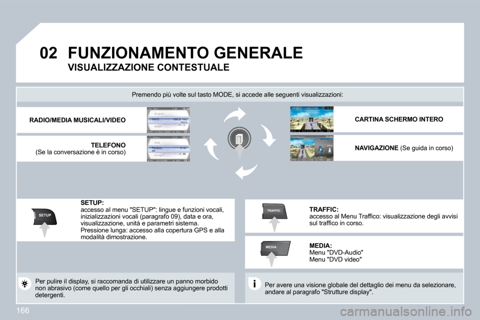 Peugeot 308 CC 2009  Manuale del proprietario (in Italian) 166
�0�2
SETUP
MEDIA
TRAFFIC
       FUNZIONAMENTO GENERALE  
 Per avere una visione globale del dettaglio dei menu da selezionare, andare al paragrafo "Strutture display".  
  Premendo più volte sul 
