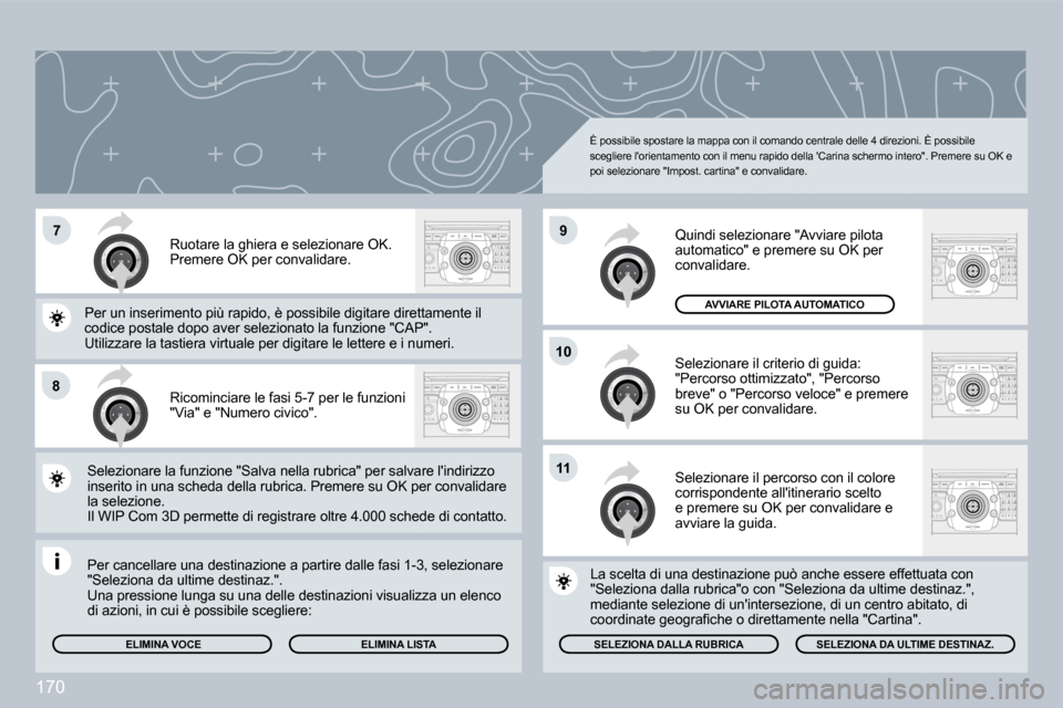 Peugeot 308 CC 2009  Manuale del proprietario (in Italian) �1�7�0
�7
�8
�1�0
�9
�1�1
 Ricominciare le fasi 5-7 per le funzioni "Via" e "Numero civico". 
 Ruotare la ghiera e selezionare OK.  Premere OK per convalidare. 
 Selezionare la funzione "Salva nella r