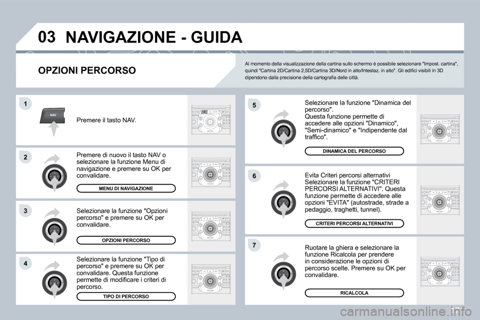 Peugeot 308 CC 2009  Manuale del proprietario (in Italian) 171
NAV
�0�3
�5
�6
�7
�1
�2
3
�4
� �N�A�V�I�G�A�Z�I�O�N�E� �-� �G�U�I�D�A� 
  OPZIONI PERCORSO 
 Selezionare la funzione "Dinamica del percorso".  Questa funzione permette di accedere alle opzioni "Di
