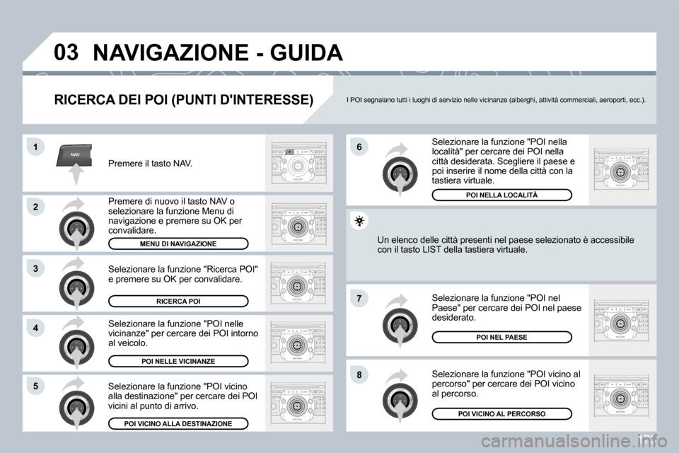 Peugeot 308 CC 2009  Manuale del proprietario (in Italian) 173
NAV
�0�3
�1
�2
3
�4
�7
�8�5
�6
� �N�A�V�I�G�A�Z�I�O�N�E� �-� �G�U�I�D�A� 
  RICERCA DEI POI (PUNTI DINTERESSE) 
 Premere il tasto NAV. 
 Premere di nuovo il tasto NAV o selezionare la funzione Me