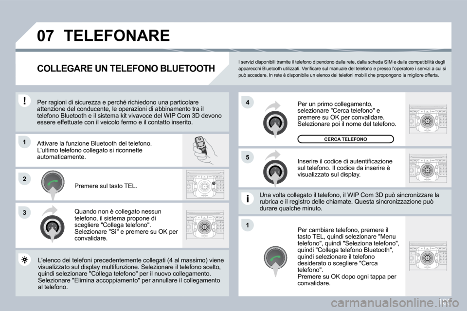 Peugeot 308 CC 2009  Manuale del proprietario (in Italian) 185
�0�7
�1
3
�5
�4
�2
�1
  I servizi disponibili tramite il telefono dipendono dalla rete, dalla scheda SIM e dalla compatibili tà degli �a�p�p�a�r�e�c�c�h�i� �B�l�u�e�t�o�o�t�h� �u�t�i�l�i�z�z�a�t�