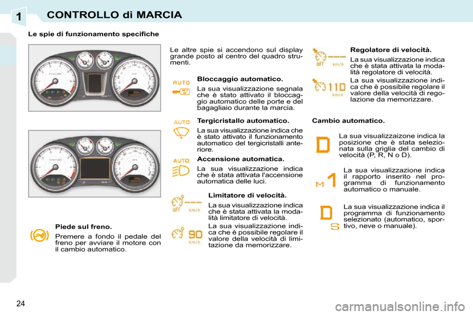 Peugeot 308 CC 2009  Manuale del proprietario (in Italian) 1
24
CONTROLLO di MARCIA
   Piede sul freno.  
 Premere  a  fondo  il  pedale  del  
freno  per  avviare  il  motore  con 
il cambio automatico.   
� � � �L�e� �s�p�i�e� �d�i� �f�u�n�z�i�o�n�a�m�e�n�t