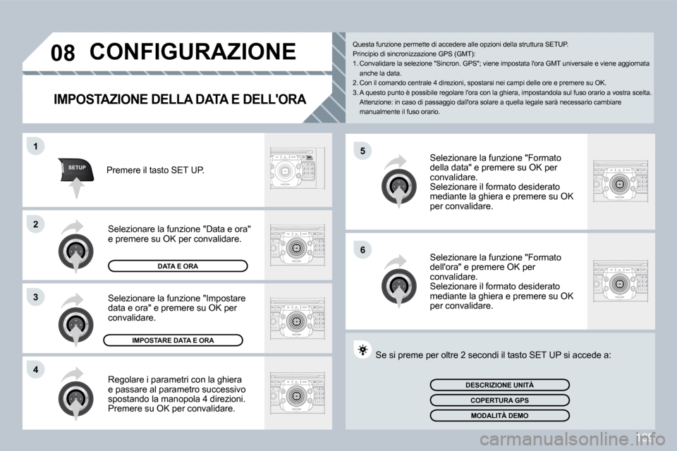 Peugeot 308 CC 2009  Manuale del proprietario (in Italian) �1�8�9
�5
�6
SETUP
�1
�2
3
�4
�0�8           CONFIGURAZIONE 
  IMPOSTAZIONE DELLA DATA E DELLORA 
 Regolare i parametri con la ghiera e passare al parametro successivo spostando la manopola 4 direzio