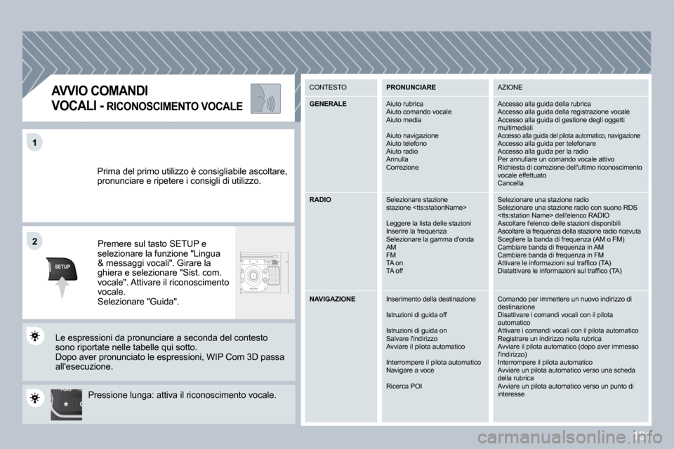 Peugeot 308 CC 2009  Manuale del proprietario (in Italian) �1�9�1
TU
PQRS
0
*
�1�1
SETUP
�2�2
 Prima del primo utilizzo è consigliabile ascoltare , pronunciare e ripetere i consigli di utilizzo. 
 Premere sul tasto SETUP e selezionare la funzione "Lingua �&�