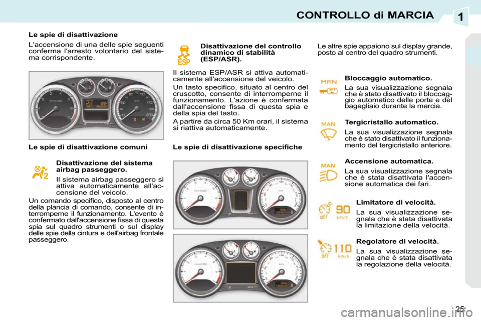 Peugeot 308 CC 2009  Manuale del proprietario (in Italian) 1
25
CONTROLLO di MARCIA
   Le spie di disattivazione  
 Laccensione di una delle spie seguenti  
conferma  larresto  volontario  del  siste-
ma corrispondente.      Disattivazione del sistema 
airb