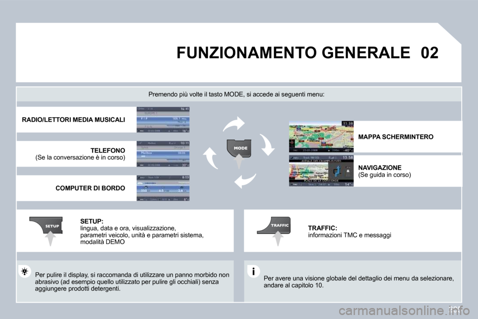 Peugeot 308 CC 2009  Manuale del proprietario (in Italian) 205
�0�2       FUNZIONAMENTO GENERALE 
 Per avere una visione globale del dettaglio dei menu da selezionare, andare al capitolo 10.  
  Premendo più volte il tasto MODE, si accede ai se guenti menu: 
