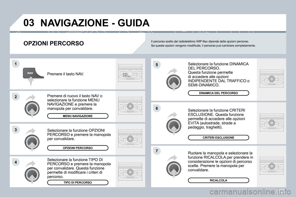 Peugeot 308 CC 2009  Manuale del proprietario (in Italian) 209
�0�3
�5
�6
�7
�1
�2
�3
�4
� �N�A�V�I�G�A�Z�I�O�N�E� �-� �G�U�I�D�A� 
  OPZIONI PERCORSO 
 Selezionare la funzione DINAMICA DEL PERCORSO.  Questa funzione permette di accedere alle opzioni INDIPEND