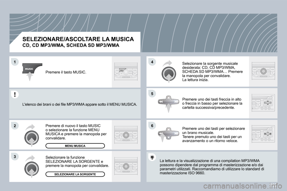 Peugeot 308 CC 2009  Manuale del proprietario (in Italian) 217
�1
�2
�3
�5
�4
�6
  SELEZIONARE/ASCOLTARE LA MUSICA  
�C�D�,� �C�D� �M�P�3�/�W�M�A�,� �S�C�H�E�D�A� �S�D� �M�P�3�/�W�M�A� 
 La lettura e la visualizzazione di una compilation MP3/WMP3/WMA possono 
