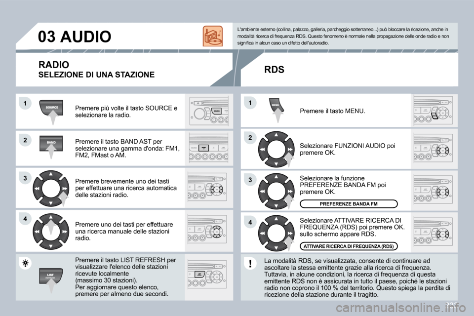 Peugeot 308 CC 2009  Manuale del proprietario (in Italian) 233
11
22
33
44
22
44
33
11
03     AUDIO 
� �P�r�e�m�e�r�e� �p�i�ù� �v�o�l�t�e� �i�l� �t�a�s�t�o� �S�O�U�R�C�E� �e� �s�e�l�e�z�i�o�n�a�r�e� �l�a� �r�a�d�i�o�.� 
� �P�r�e�m�e�r�e� �i�l� �t�a�s�t�o� �B
