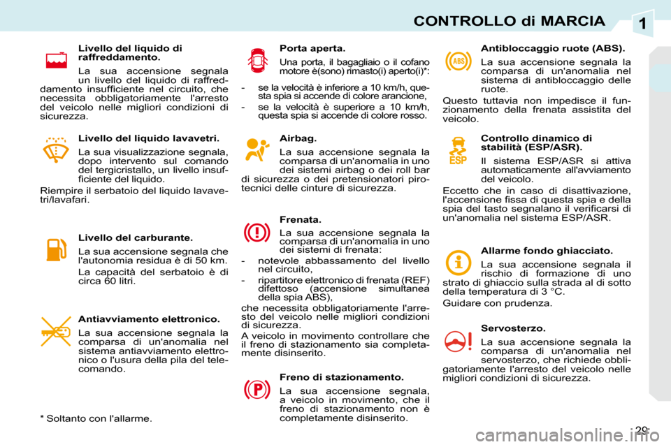 Peugeot 308 CC 2009  Manuale del proprietario (in Italian) 1
29
CONTROLLO di MARCIA
  Airbag . 
 La  sua  accensione  segnala  la  
comparsa di unanomalia in uno 
dei  sistemi  airbag  o  dei  roll  bar 
di  sicurezza  o  dei  pretensionatori  piro-
tecnici 