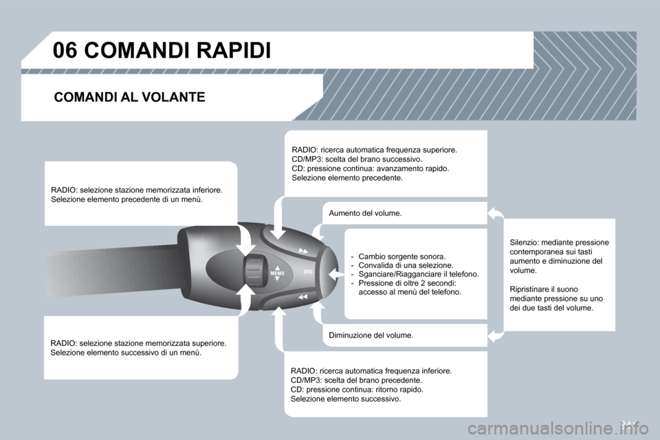 Peugeot 308 CC 2009  Manuale del proprietario (in Italian) 241
06       COMANDI RAPIDI 
  COMANDI AL VOLANTE 
� �R�A�D�I�O�:� �s�e�l�e�z�i�o�n�e� �s�t�a�z�i�o�n�e� �m�e�m�o�r�i�z�z�a�t�a� �s�u�p�e�r�i�o�r�e�.� � �S�e�l�e�z�i�o�n�e� �e�l�e�m�e�n�t�o� �s�u�c�c�