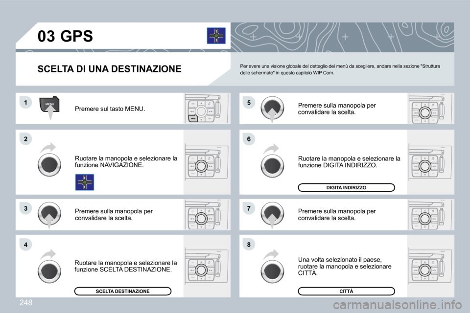 Peugeot 308 CC 2009  Manuale del proprietario (in Italian) 248
MENU
ESC
MENU LIST
ESC
MENU LIST
ESC
MENU LIST
ESC
MENU LIST
ESC
MENU LIST
ESC
MENU LIST
ESC
MENU LIST
�0�3
�1�1
�2�2
�3�3
�4�4
�6�6
�8�8
�7�7
�5�5� �P�r�e�m�e�r�e� �s�u�l� �t�a�s�t�o� �M�E�N�U�.�