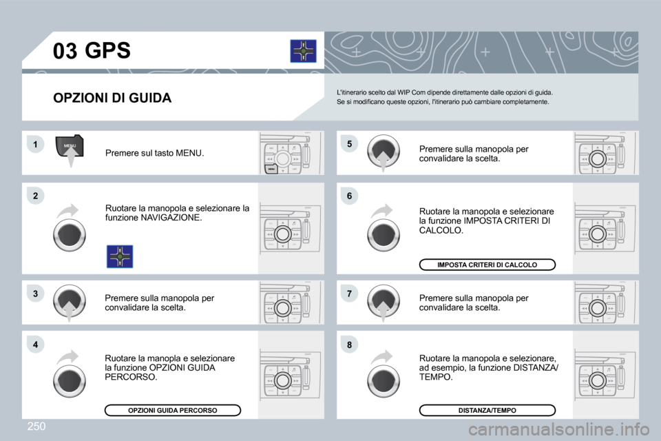 Peugeot 308 CC 2009  Manuale del proprietario (in Italian) 250
ESC
MENU LIST
ESC
MENU LIST
ESC
MENU LIST
ESC
MENU LIST
MENU
ESC
MENU LIST
ESC
MENU LIST
ESC
MENU LIST
�0�3
�1�1
�2�2
�3�3
�4�4
�6�6
�8�8
�7�7
�5�5
� �R�u�o�t�a�r�e� �l�a� �m�a�n�o�p�o�l�a� �e� �s