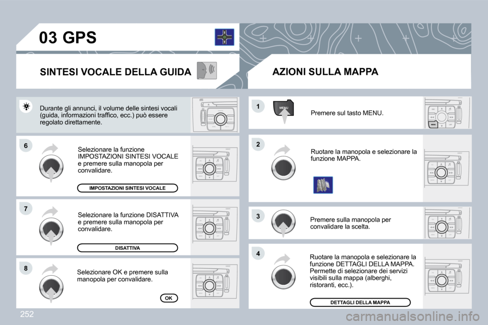 Peugeot 308 CC 2009  Manuale del proprietario (in Italian) 252
ESC
MENU LIST
ESC
MENU LIST
MENU
ESC
MENU LIST
ESC
MENU LIST
S
O S SOU R CE
MODE B AND TP T
A Y
DARK
ESC
MENU LIST
ESC
MENU LIST
�0�3
�6�6
�7�7
�8�8
�2�2
�4�4
�3�3
�1�1
� �S�e�l�e�z�i�o�n�a�r�e� �