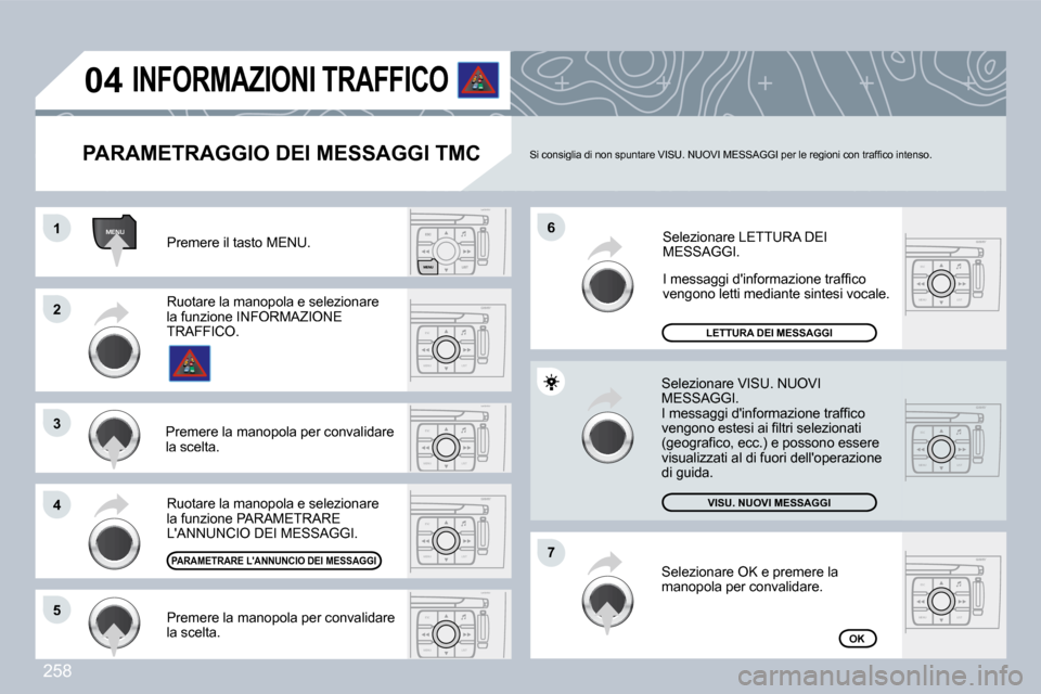Peugeot 308 CC 2009  Manuale del proprietario (in Italian) 258
MENU
ESC
MENU LIST
ESC
MENU LIST
ESC
MENU LIST
ESC
MENU LIST
ESC
MENU LIST
ESC
MENU LIST
ESC
MENU LIST
�0�4
�1�1
�2�2
�3�3
�4�4
�7�7
�6�6
�5�5
� �P�r�e�m�e�r�e� �i�l� �t�a�s�t�o� �M�E�N�U�.� 
�L�E