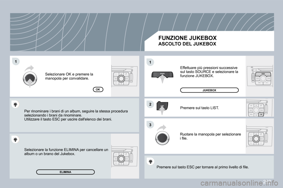 Peugeot 308 CC 2009  Manuale del proprietario (in Italian) �2�6�3
ESC
MENU LIST
ESC
MENU LIST
ESC
MENU LIST
�1�1
�2�2
�3�3
�1�1
�E�L�I�M�I�N�A
�O�K
� �E�f�f�e�t�t�u�a�r�e� �p�i�ù� �p�r�e�s�s�i�o�n�i� �s�u�c�c�e�s�s�i�v�e� �s�u�l� �t�a�s�t�o� �S�O�U�R�C�E� �e