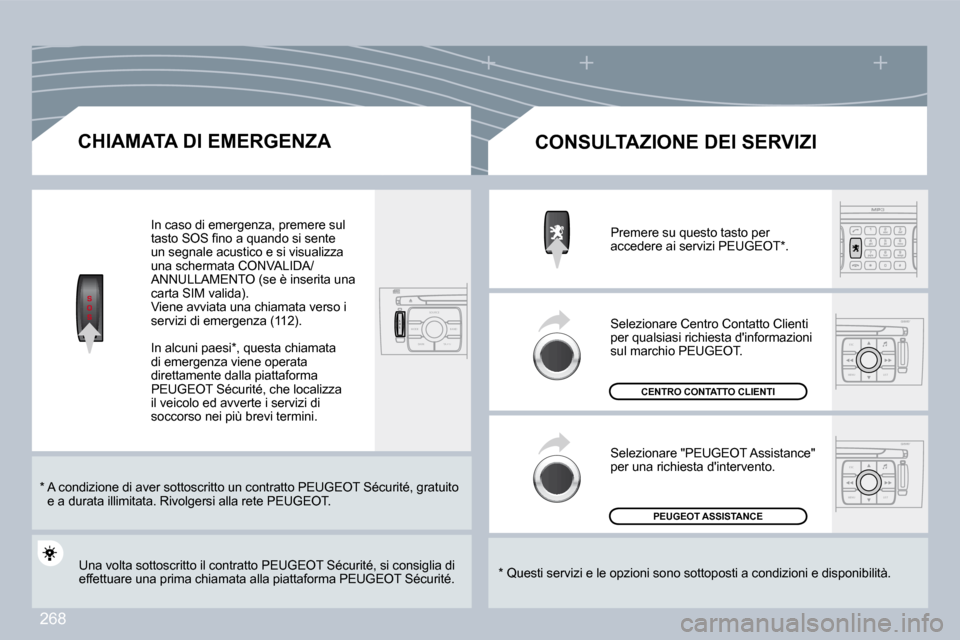 Peugeot 308 CC 2009  Manuale del proprietario (in Italian) 268
S
O SSOU R CE
MODE B AND TP T
A Y
DARK
ESC
MENU LIST
ESC
MENU LIST
� � �C�H�I�A�M�A�T�A� �D�I� �E�M�E�R�G�E�N�Z�A� 
� � �*� � � � �A� �c�o�n�d�i�z�i�o�n�e� �d�i� �a�v�e�r� �s�o�t�t�o�s�c�r�i�t�t�o
