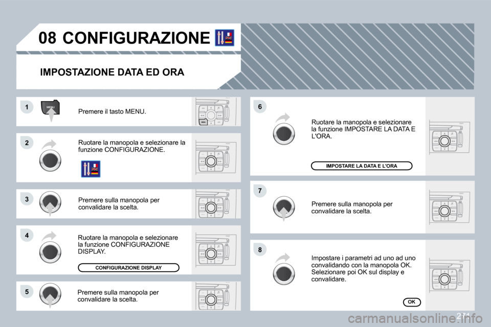 Peugeot 308 CC 2009  Manuale del proprietario (in Italian) �2�7�1
ESC
MENU LIST
ESC
MENU LIST
ESC
MENU LIST
ESC
MENU LIST
MENU
ESC
MENU LIST
ESC
MENU LIST
ESC
MENU LIST
�0�8
�1�1
�2�2
�3�3
�4�4
�7�7
�8�8
�6�6
�5�5
� �R�u�o�t�a�r�e� �l�a� �m�a�n�o�p�o�l�a� �e�