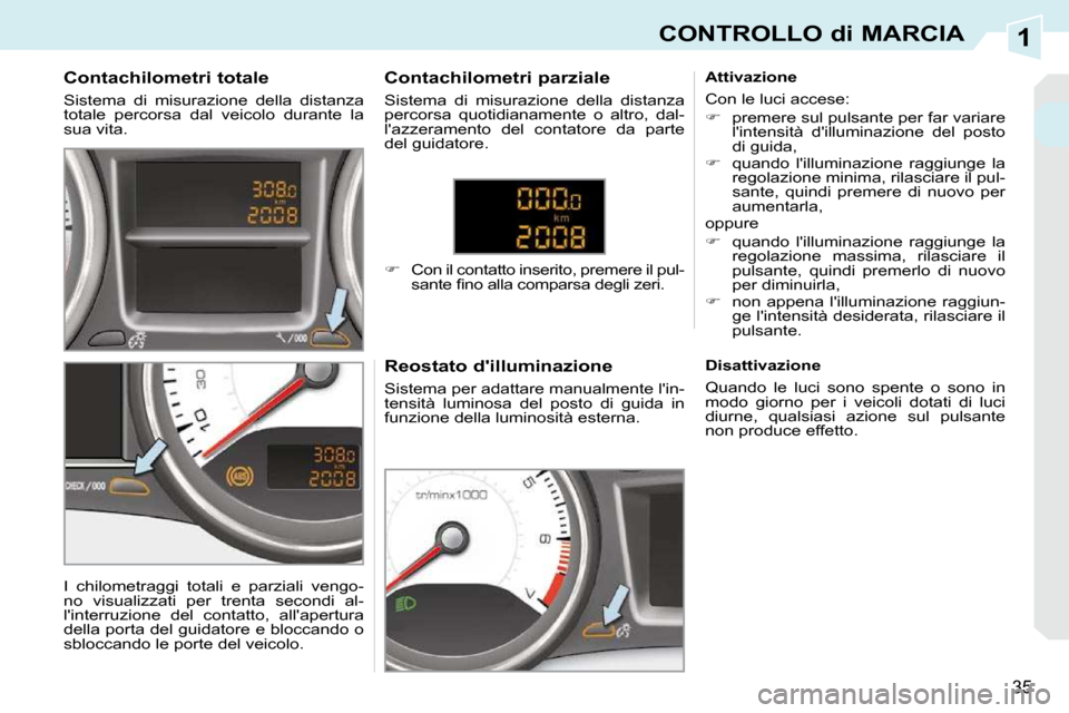 Peugeot 308 CC 2009  Manuale del proprietario (in Italian) 1
35
CONTROLLO di MARCIA
  Contachilometri totale  
 Sistema  di  misurazione  della  distanza  
totale  percorsa  dal  veicolo  durante  la 
sua vita.   Reostato dilluminazione  
 Sistema per adatta