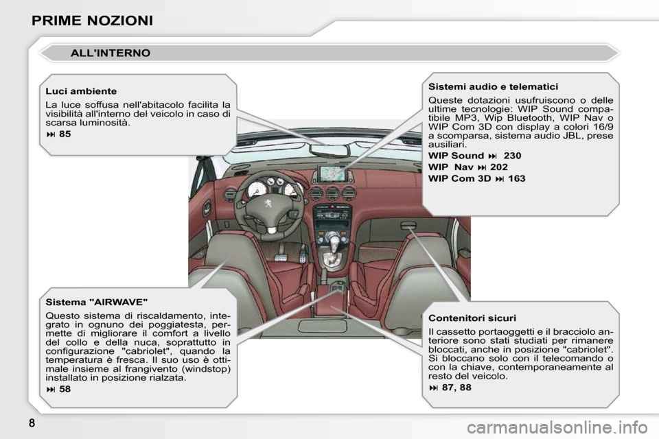 Peugeot 308 CC 2009  Manuale del proprietario (in Italian) PRIME NOZIONI  Luci ambiente  
 La  luce  soffusa  nellabitacolo  facilita  la  
visibilità allinterno del veicolo in caso di 
scarsa luminosità.  
  
 
�   85    
� � �S�i�s�t�e�m�a� �"�A�I�R�