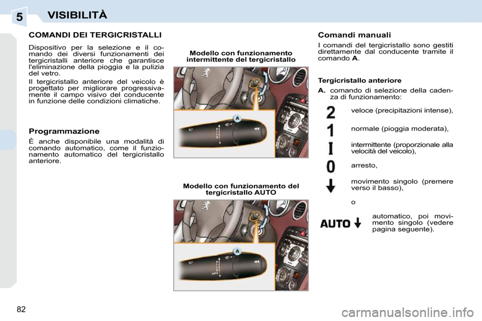 Peugeot 308 CC 2009  Manuale del proprietario (in Italian) 5
82
VISIBILITÀ
COMANDI DEI TERGICRISTALLI 
 Dispositivo  per  la  selezione  e  il  co- 
mando  dei  diversi  funzionamenti  dei 
tergicristalli  anteriore  che  garantisce 
leliminazione  della  p