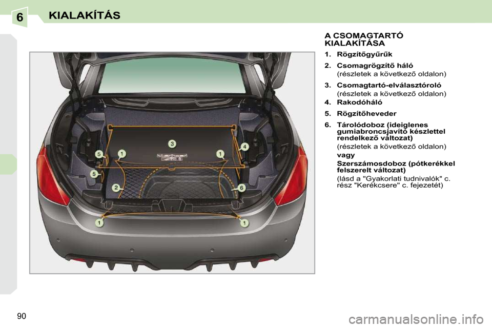 Peugeot 308 CC 2009  Kezelési útmutató (in Hungarian) 6
�9�0
KIALAKÍTÁS
           A CSOMAGTARTÓ KIALAKÍTÁSA 
   
1.     �R�ö�g�z�í�t5�g�yC�rC�k�   
  
2.     �C�s�o�m�a�g�r�ö�g�z�í�t5� �h�á�l�ó�     
�  �(�r�é�s�z�l�e�t�e�k� �a� �k�ö�v�