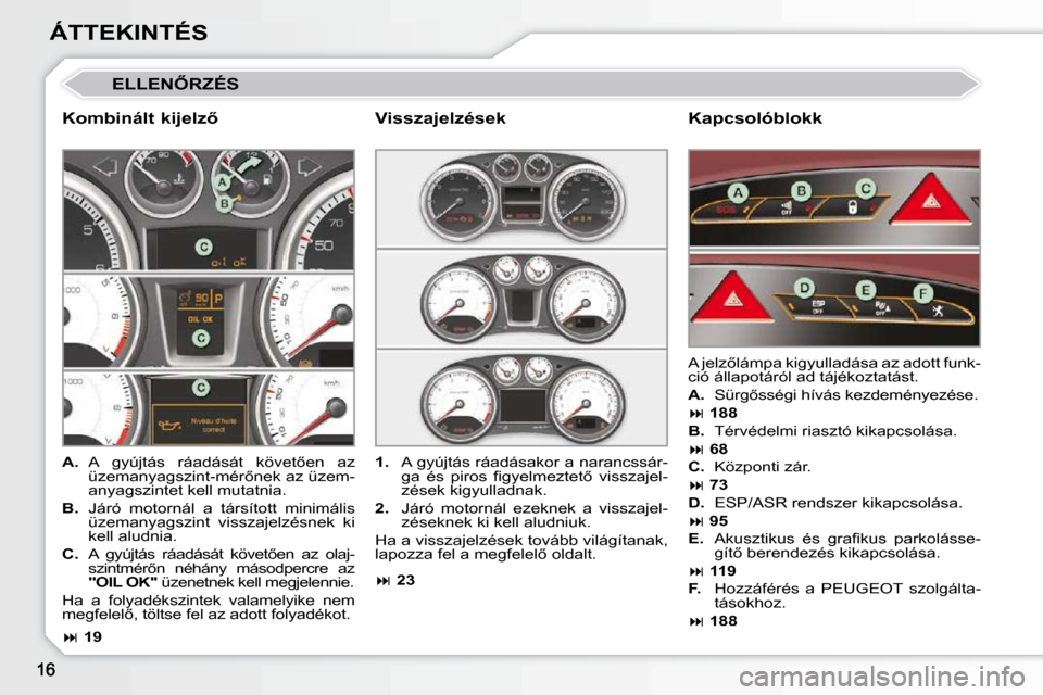 Peugeot 308 CC 2009  Kezelési útmutató (in Hungarian) ÁTTEKINTÉS
� �E�L�L�E�N4�R�Z�É�S� 
� � �K�o�m�b�i�n�á�l�t� �k�i�j�e�l�z5�   Kapcsolóblokk 
A. �  �A�  �g�y�ú�j�t�á�s�  �r�á�a�d�á�s�á�t�  �k�ö�v�e�t5�e�n�  �a�z� �ü�z�e�m�a�n�y�a�g�s�z�