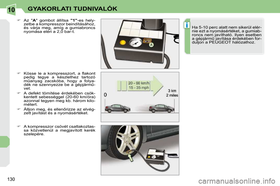Peugeot 308 CC 2009  Kezelési útmutató (in Hungarian) 10
i
130
GYAKORLATI TUDNIVALÓK
  
��  �  �K�ö�s�s�e�  �l�e�  �a�  �k�o�m�p�r�e�s�s�z�o�r�t�,�  �a�  �ﬂ� �a�k�o�n�t� 
pedig  tegye  a  készlethez  tartozó  
�mC�a�n�y�a�g�  �z�a�c�s�k�ó�b�a�