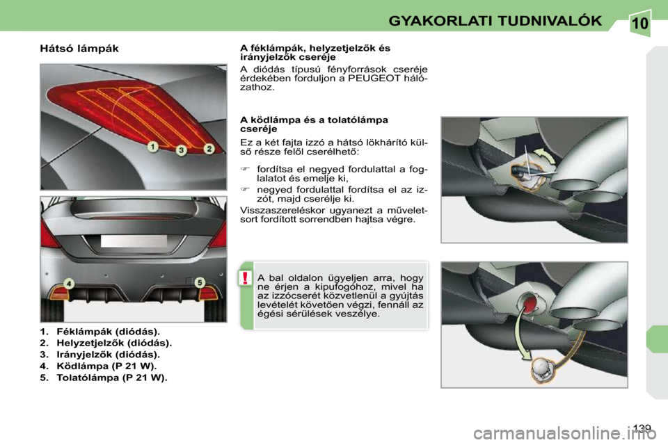 Peugeot 308 CC 2009  Kezelési útmutató (in Hungarian) 10
!
139
GYAKORLATI TUDNIVALÓK
  Hátsó lámpák  
   
1.     Féklámpák (dió   
dás   
).   
  
2.     �H�e�l�y�z�e�t�j�e�l�z5�k� �(�d�i�ó�   
dás   
).   
  
3.     �I�r�á�n�y�j�e�l�z5�k�