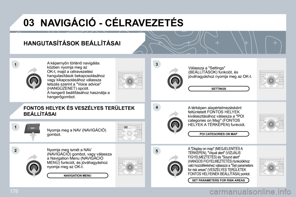 Peugeot 308 CC 2009  Kezelési útmutató (in Hungarian) 176
�0�3
�5
3
�4
NAV�1
�2
�1
� � �H�A�N�G�U�T�A�S�Í�T�Á�S�O�K� �B�E�Á�L�L�Í�T�Á�S�A�I� 
� �A� �"�D�i�s�p�l�a�y� �o�n� �m�a�p�"� �(�M�E�G�J�E�L�E�N�Í�T�É�S� �A� �T�É�R�K�É�P�E�N�)�,� �"�V�i�s�