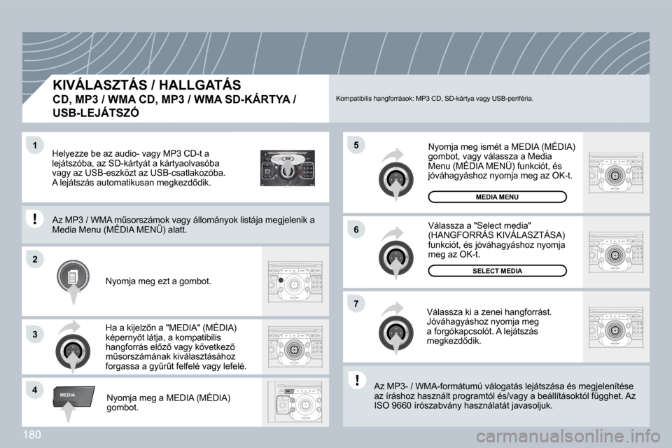 Peugeot 308 CC 2009  Kezelési útmutató (in Hungarian) �1�8�0
2
ABC 3
DEF
5
JKL
4
GHI 6
MNO
8
TUV
7
PQRS 9
WXYZ
0
* #
1
RADIO MEDIA
NAV ESC TRAFFIC
SETUP
ADDR BOOK
�4
�5
�6
�2
�7
3
�1
MEDIA
� � �K�I�V�Á�L�A�S�Z�T�Á�S� �/� �H�A�L�L�G�A�T�Á�S� � 
�C�D�,�
