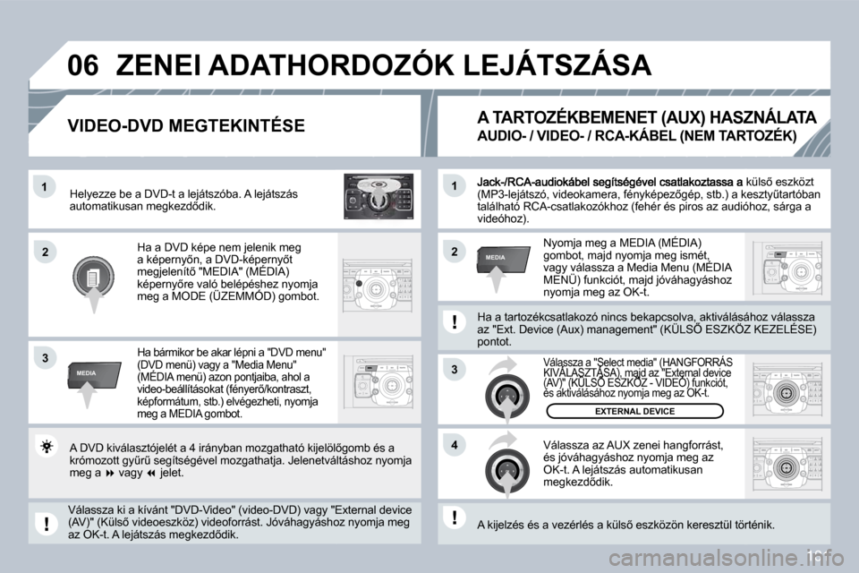 Peugeot 308 CC 2009  Kezelési útmutató (in Hungarian) 181
2
ABC 3
DEF
5
JKL
4
GHI 6
MNO
8
TUV
7
PQRS 9
WXYZ
0
* #
1
RADIO MEDIA
NAV ESC TRAFFIC
SETUP
ADDR BOOK�1
3
�4
�0�6
�2�2
3
MEDIA
�1
MEDIA
� �J�a�c�k�-�/�R�C�A�-�a�u�d�i�o�k�á�b�e�l� �s�e�g�í�t�s�