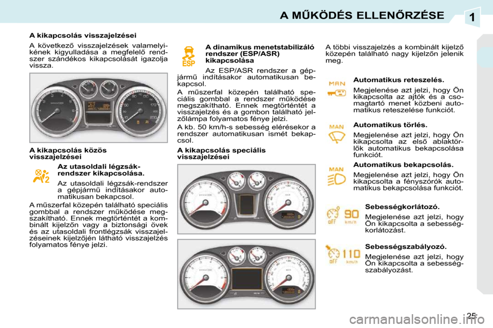 Peugeot 308 CC 2009  Kezelési útmutató (in Hungarian) 1
25
�A� �MB�K�Ö�D�É�S� �E�L�L�E�N4�R�Z�É�S�E
� � � �A� �k�i�k�a�p�c�s�o�l�á�s� �v�i�s�s�z�a�j�e�l�z�é�s�e�i�  
� �A�  �k�ö�v�e�t�k�e�z5�  �v�i�s�s�z�a�j�e�l�z�é�s�e�k�  �v�a�l�a�m�e�l�y�i�-