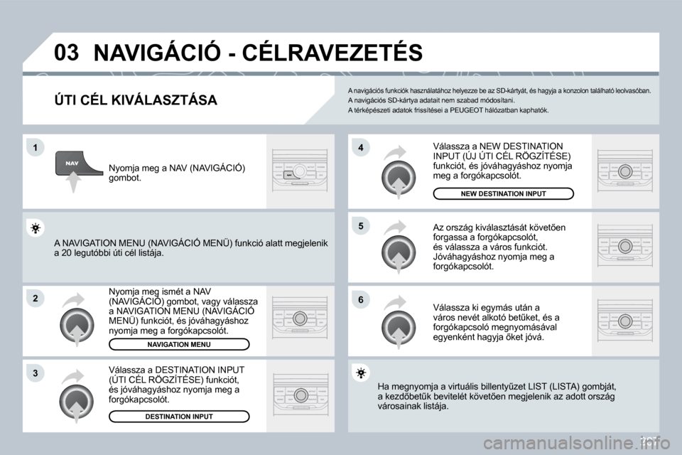Peugeot 308 CC 2009  Kezelési útmutató (in Hungarian) 207
�0�3
�1
�2
�3
�6
�5
�4
� � � � � � � � � � � �N�A�V�I�G�Á�C�I�Ó� �-� �C�É�L�R�A�V�E�Z�E�T�É�S� 
� � �Ú�T�I� �C�É�L� �K�I�V�Á�L�A�S�Z�T�Á�S�A� 
� �N�y�o�m�j�a� �m�e�g� �i�s�m�é�t� �a� �N�A