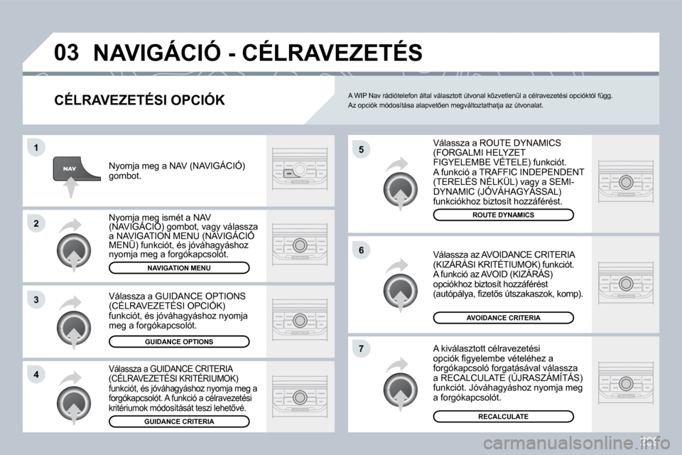 Peugeot 308 CC 2009  Kezelési útmutató (in Hungarian) 209
�0�3
�5
�6
�7
�1
�2
�3
�4
� �N�A�V�I�G�Á�C�I�Ó� �-� �C�É�L�R�A�V�E�Z�E�T�É�S� 
� � �C�É�L�R�A�V�E�Z�E�T�É�S�I� �O�P�C�I�Ó�K� 
� �V�á�l�a�s�s�z�a� �a� �R�O�U�T�E� �D�Y�N�A�M�I�C�S� �(�F�O�R