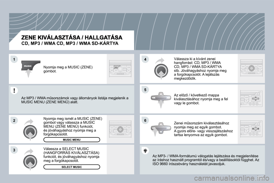Peugeot 308 CC 2009  Kezelési útmutató (in Hungarian) 217
�1
�2
�3
�5
�4
�6
�5
�4
�6
�C�D�,� �M�P�3� �/� �W�M�A� �C�D�,� �M�P�3� �/� �W�M�A� �S�D�-�K�Á�R�T�Y�A� 
� �A�z� �M�P�3�-� �/� �W�M�A�-�f�o�r�m�á�t�u�m�ú� �v�á�l�o�g�a�t�á�s� �l�e�j�á�t�s�z�