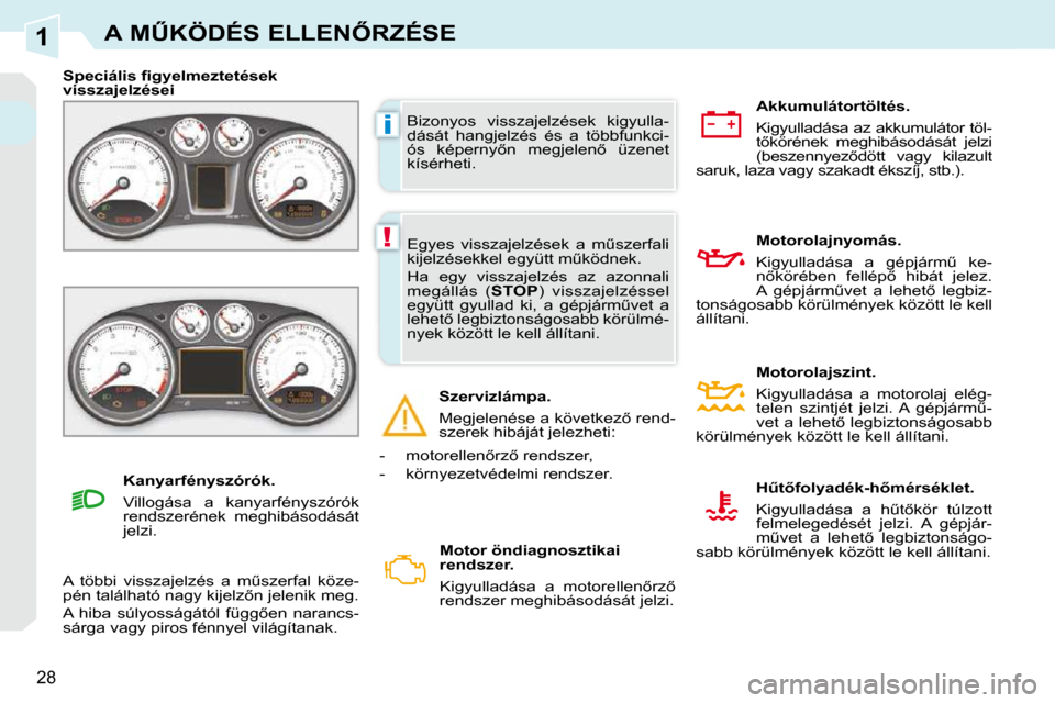 Peugeot 308 CC 2009  Kezelési útmutató (in Hungarian) 1
i
!
28
�A� �MB�K�Ö�D�É�S� �E�L�L�E�N4�R�Z�É�S�E
� �B�i�z�o�n�y�o�s�  �v�i�s�s�z�a�j�e�l�z�é�s�e�k�  �k�i�g�y�u�l�l�a�- 
�d�á�s�á�t�  �h�a�n�g�j�e�l�z�é�s�  �é�s�  �a�  �t�ö�b�b�f�u�n�k�c�