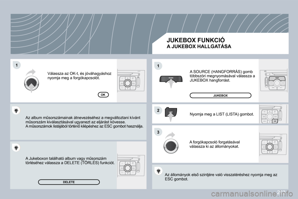 Peugeot 308 CC 2009  Kezelési útmutató (in Hungarian) 263
ESC
MENU LIST
ESC
MENU LIST
ESC
MENU LIST
�1�1
�2�2
�3�3
�1�1
�D�E�L�E�T�E
�O�K
� �A� �S�O�U�R�C�E� �(�H�A�N�G�F�O�R�R�Á�S�)� �g�o�m�b� �t�ö�b�b�s�z�ö�r�i� �m�e�g�n�y�o�m�á�s�á�v�a�l� �v�á�l