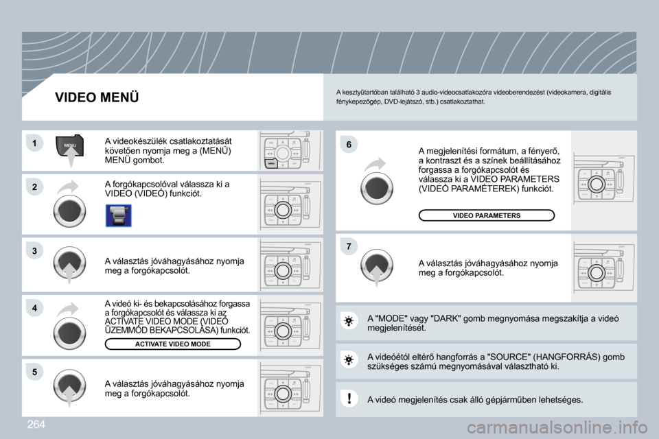 Peugeot 308 CC 2009  Kezelési útmutató (in Hungarian) 264
ESC
MENU LIST
MENU
ESC
MENU LIST
ESC
MENU LIST
ESC
MENU LIST
ESC
MENU LIST
ESC
MENU LIST
�1�1
�2�2
�3�3
�4�4
�5�5
�7�7
�6�6
� �A� �k�e�s�z�t�yC�t�a�r�t�ó�b�a�n� �t�a�l�á�l�h�a�t�ó� �3� �a�u�d�