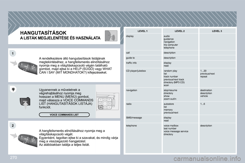 Peugeot 308 CC 2009  Kezelési útmutató (in Hungarian) 270
MENU
�1�1
�2�2
� �A� �h�a�n�g�f�e�l�i�s�m�e�r�é�s� �e�l�i�n�d�í�t�á�s�á�h�o�z� �n�y�o�m�j�a� �m�e�g� �a� � �A� �h�a�n�g�f�e�l�i�s�m�e�r�é�s� �e�l�i�n�d�í�t�á�s�á�h�o�z� �n�y�o�m�j�a� �m�e�