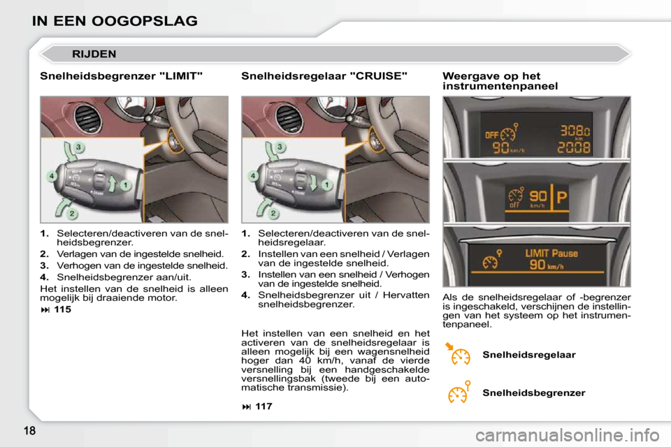 Peugeot 308 CC 2009  Handleiding (in Dutch) IN EEN OOGOPSLAG
 RIJDEN 
  Snelheidsbegrenzer "LIMIT"   Weergave op het  
instrumentenpaneel 
   
1.    Selecteren/deactiveren van de snel-
heidsbegrenzer. 
  
2.    Verlagen van de ingestelde snelhe