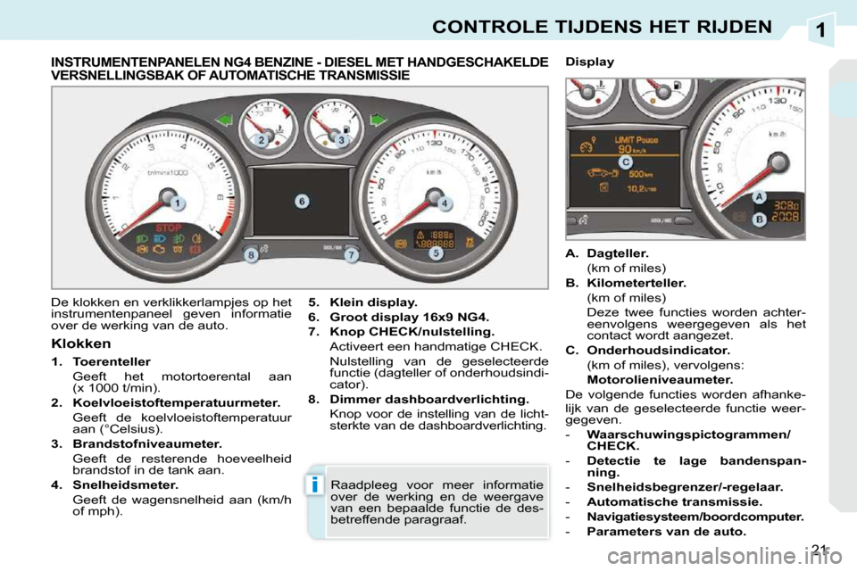 Peugeot 308 CC 2009  Handleiding (in Dutch) 1
i
21
CONTROLE TIJDENS HET RIJDEN
             INSTRUMENTENPANELEN NG4 BENZINE - DIESEL MET HANDGESCHAKELDE VERSNELLINGSBAK OF AUTOMATISCHE TRANSMISSIE 
 De klokken en verklikkerlampjes op het  
inst